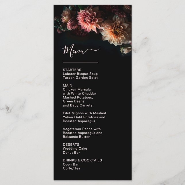 Menu Dark Moody Flowers Chrysanthemum Wedding (Devant)