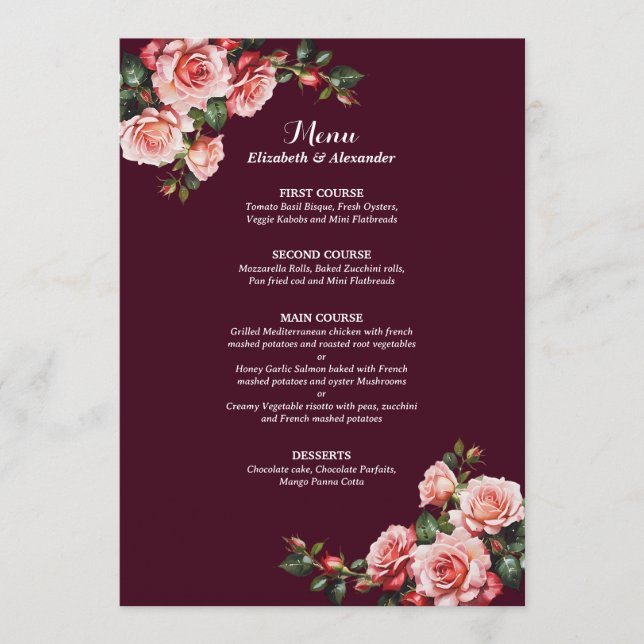 Menu Dark moody pink and red roses burgundy  wedding (Devant)