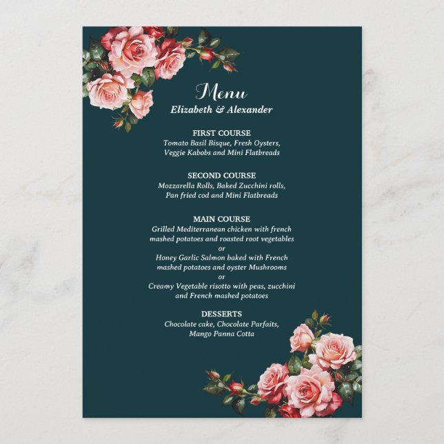 Menu Dark moody pink and red roses teal wedding (Devant)