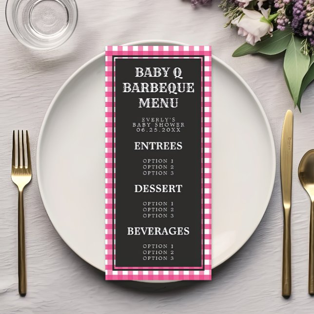 Menu de Baby Shower à carreaux Gingham rose Baby Q (Créateur téléchargé)