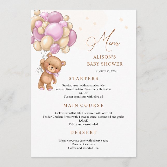 Menu de Baby Shower avec des Ballons Roses Ours (Devant)