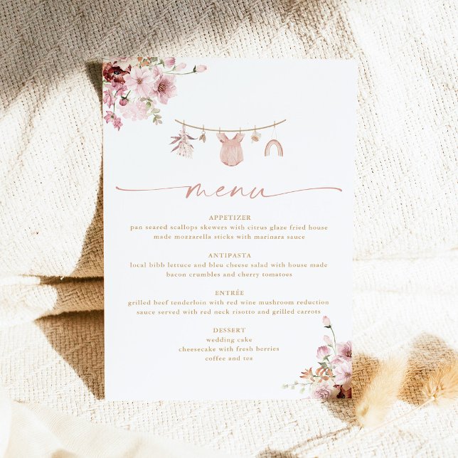 Menu de Baby Shower avec Fleurs Roses Clair sur un (Créateur téléchargé)