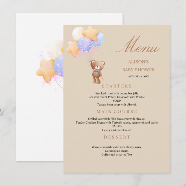 Menu de Baby Shower Ballons Ours en Peluche (Devant / Derrière)