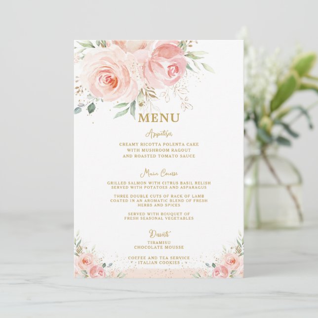 Menu de Baby shower Blush Rose Floral Gold (Debout devant)