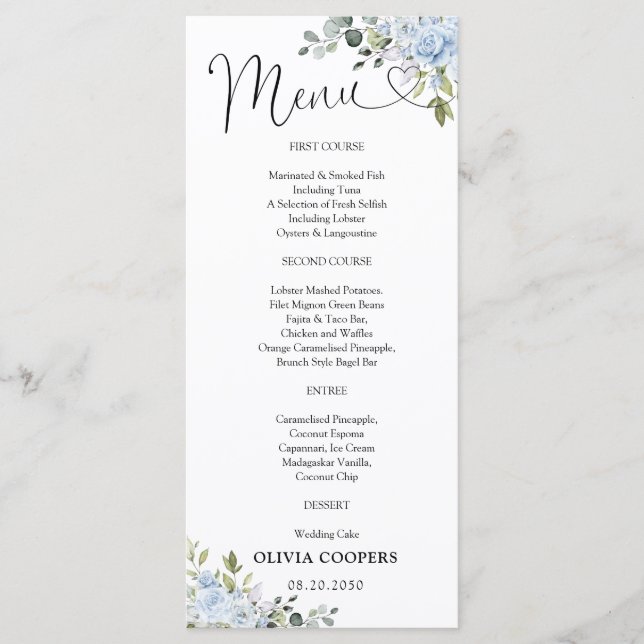 Menu de Baby Shower Botanique Bleu Clair (Devant)