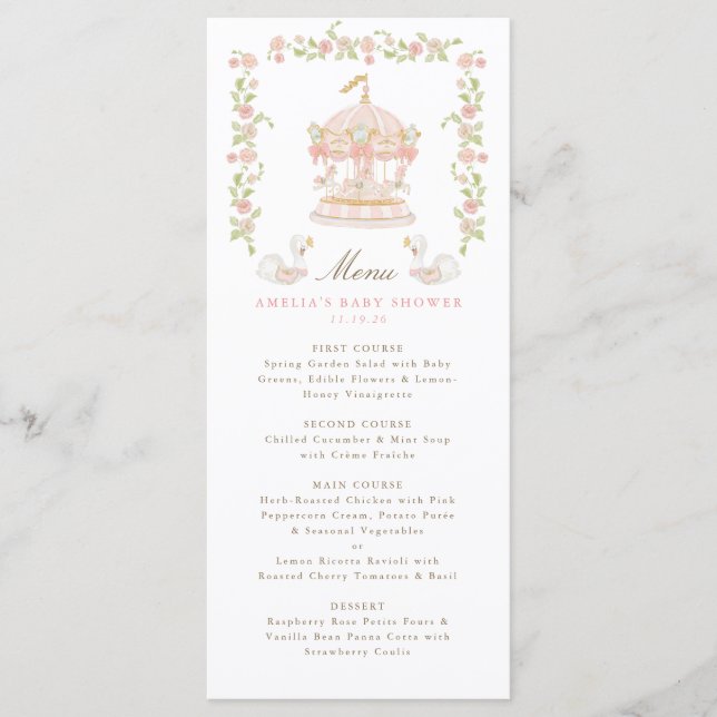 Menu de Baby Shower Carrousel Fantaisiste (Devant)