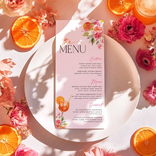 Menu de Baby Shower Coup de Foudre au Spritz Citro (First Spritz Bridal Shower Menu in bright florals and with aperol spritz cocktail)