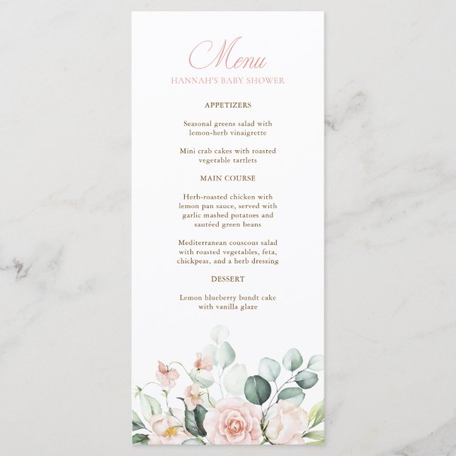 Menu de Baby Shower Fleurs Roses pour Bébé (Devant)
