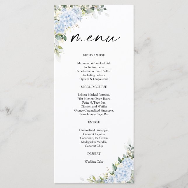 Menu de Baby Shower Floral Hydrangea Bleu (Devant)