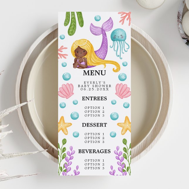 Menu de Baby Shower Océan Sirène Africaine (Créateur téléchargé)