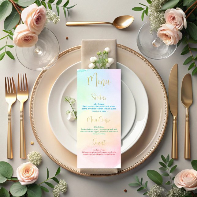 Menu de baby shower pastel arc-en-ciel ombré (Pastel rainbow ombre baby shower party menu cards)