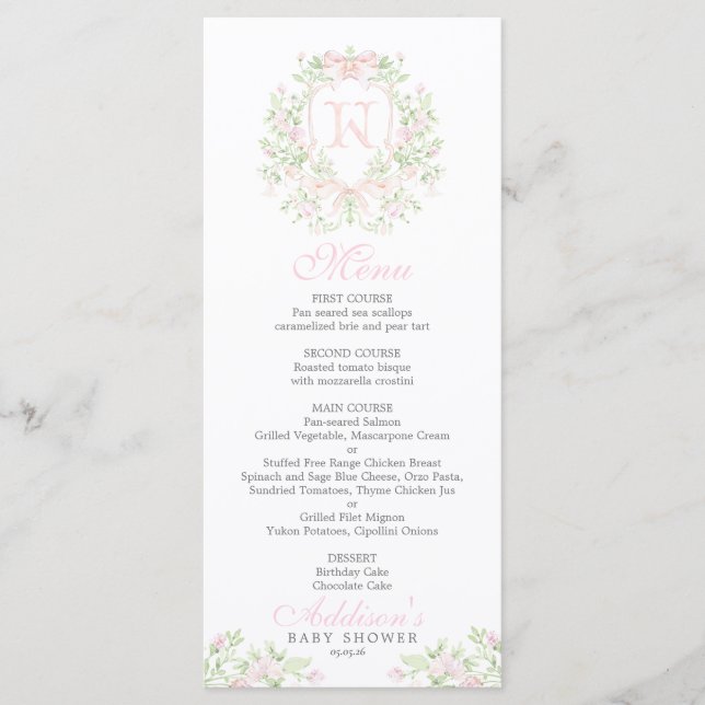 Menu de Baby Shower Preppy Crest (Devant)