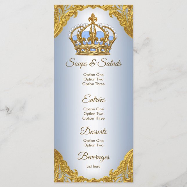 Menu de Baby Shower Prince Bleu Or (Devant)