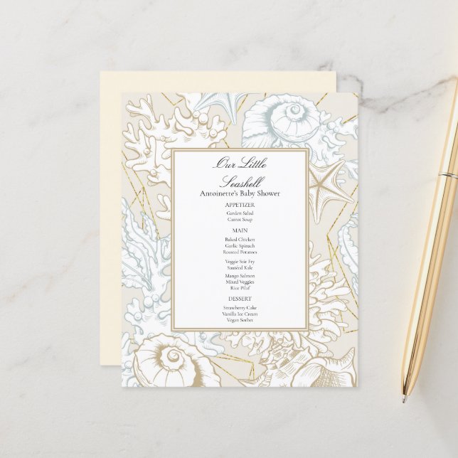 Menu de Baby Shower Thème Mer et Coquillages (Devant/Arrière en situation)