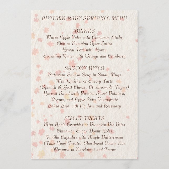Menu de Baby Sprinkle Automnal Cozy | Saisonnière  (Devant)