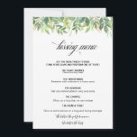 Menu de baiser destination été verdure<br><div class="desc">Ce menu de baiser de destination estivale verdoyante est parfait pour une simple réception de mariage. Des feuilles verts à la main,  des feuillages ornent des cadres géométriques idylliques,  un style et une classe époustouflants pour embellir vos cartes d'occasion.</div>