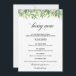 Menu de baiser destination été verdure<br><div class="desc">Ce menu de baiser de destination estivale verdoyante est parfait pour une simple réception de mariage. Des feuilles verts à la main,  des feuillages ornent des cadres géométriques idylliques,  un style et une classe époustouflants pour embellir vos cartes d'occasion.</div>