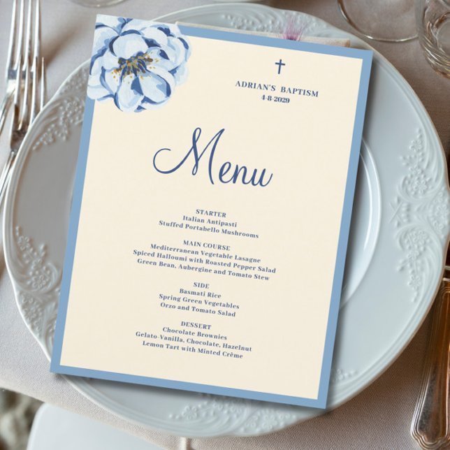Menu de baptême pour bébé garçon à fleurs bleues b (Créateur téléchargé)