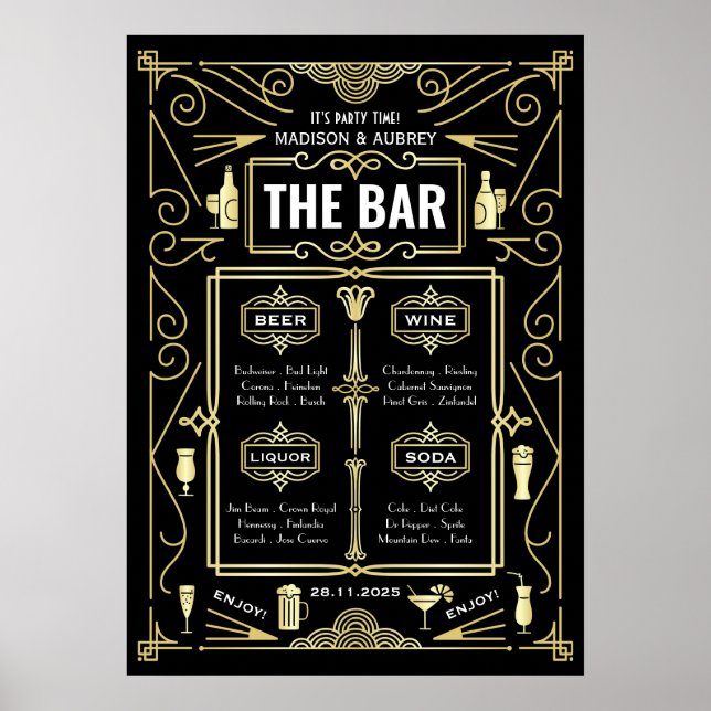 Menu de bar Art Déco mariage noir or Gatsby le mag (Devant)