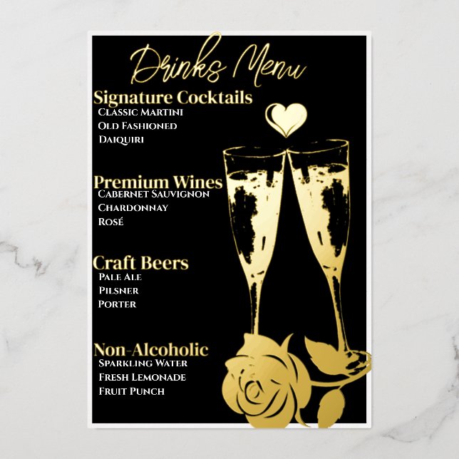 Menu de bar de fête de cocktail doré romantique (Recto)