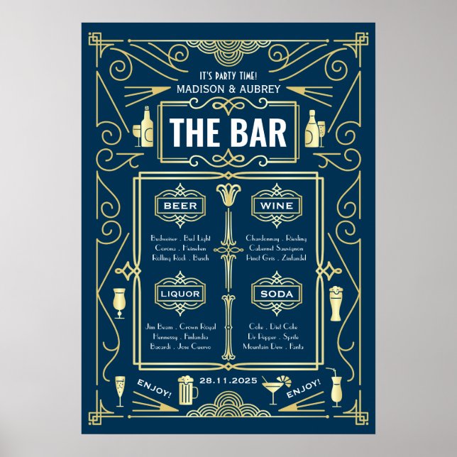 Menu de bar de mariage Art déco Vin Bière Alcool F (Devant)