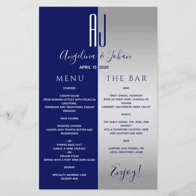Menu de Bar de Mariage Élégant Bleu Nuit (Devant)