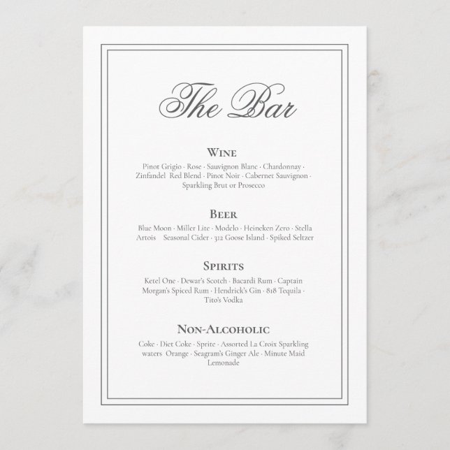 Menu de bar de mariage élégant et intemporel (Devant)