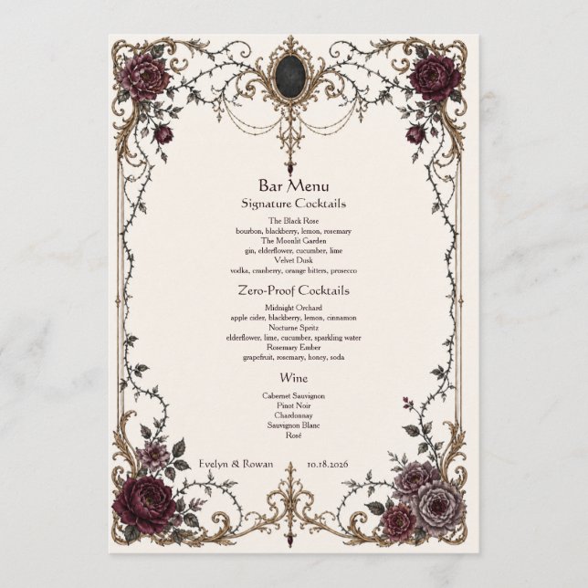 Menu de bar de mariage floral gothique victorien s (Devant)
