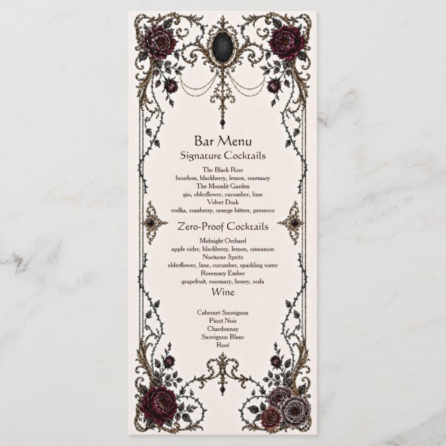 Menu de bar de mariage floral gothique victorien s (Devant)