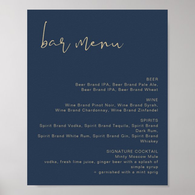 Menu de bar de mariage Navy et Or Poster CAITLIN (Devant)