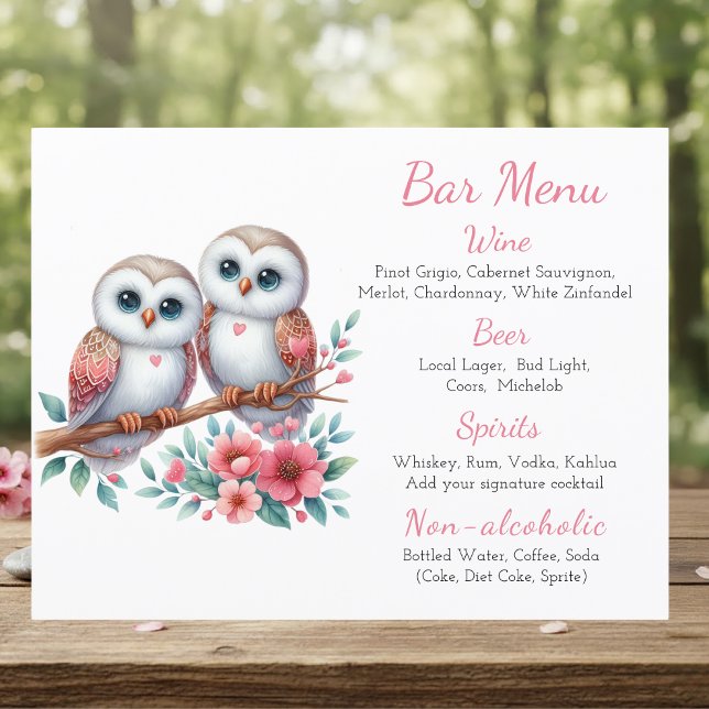 Menu de Bar de Mariage Rustique Bohème Hibou Campa (Créateur téléchargé)