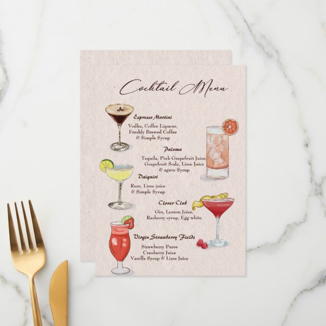 Menu de boissons cocktail à l'aquarelle (Devant/Arrière en situation)