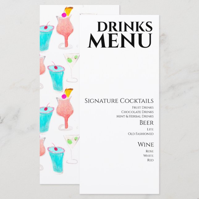 Menu de boissons cocktail vin mariage aquarelle (Devant / Derrière)