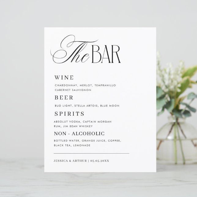 Menu de boissons de bar de mariage élégant et luxu (Debout devant)