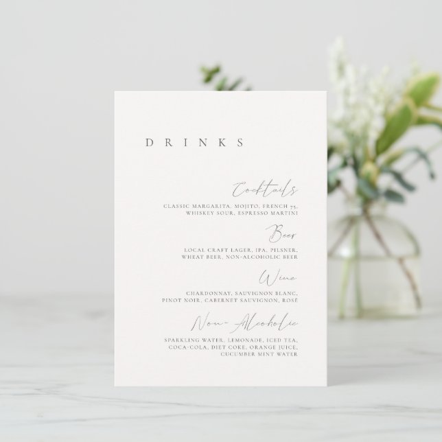 Menu de boissons de mariage minimal élégant noir e (Debout devant)