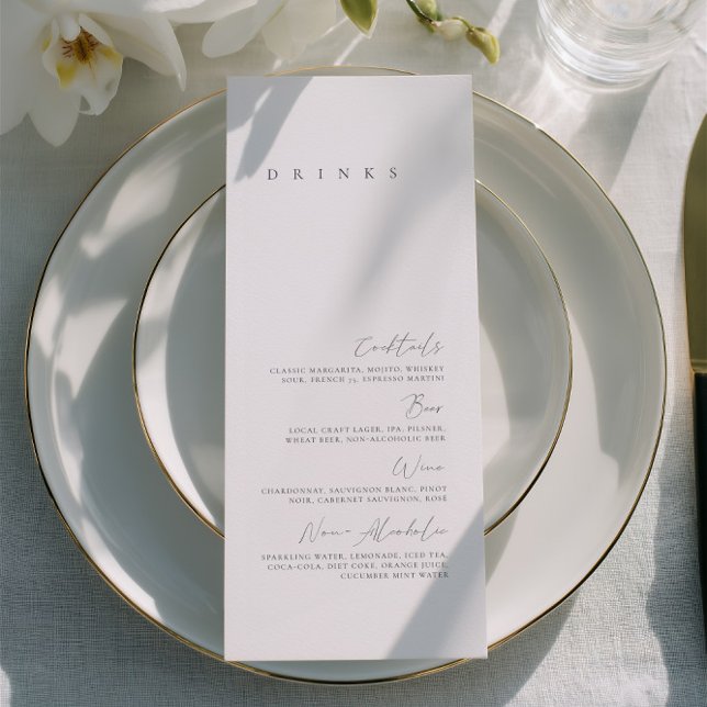 Menu de boissons de mariage minimal élégant noir e (Black & White Elegant Minimal Wedding Drink Menu)