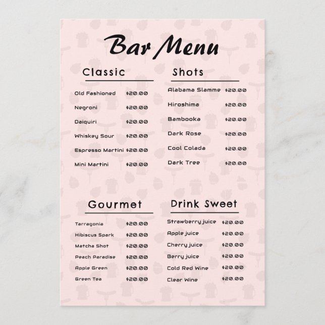 Menu de boissons simple rose Bar (Devant)