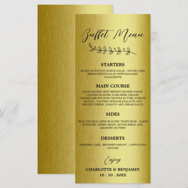 Menu de buffet de mariage en métal doré  (Devant / Derrière)