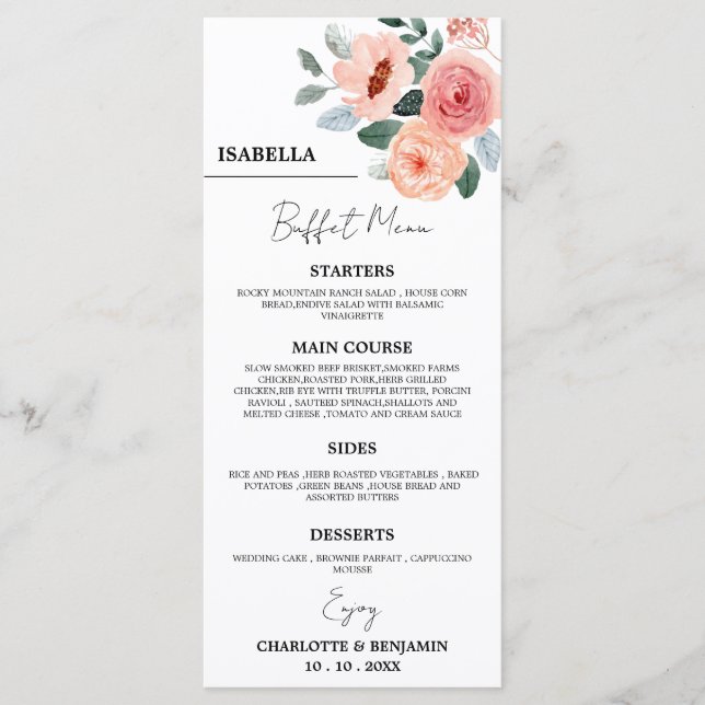 Menu de buffet de mariage floral avec nom de l'inv (Devant)