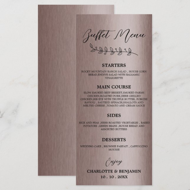 Menu de buffet de mariage marron métallique  (Devant / Derrière)