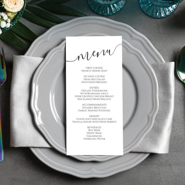 Menu de calligraphie Mariage noir et blanc (Elegant calligraphy script wedding reception menu card. )