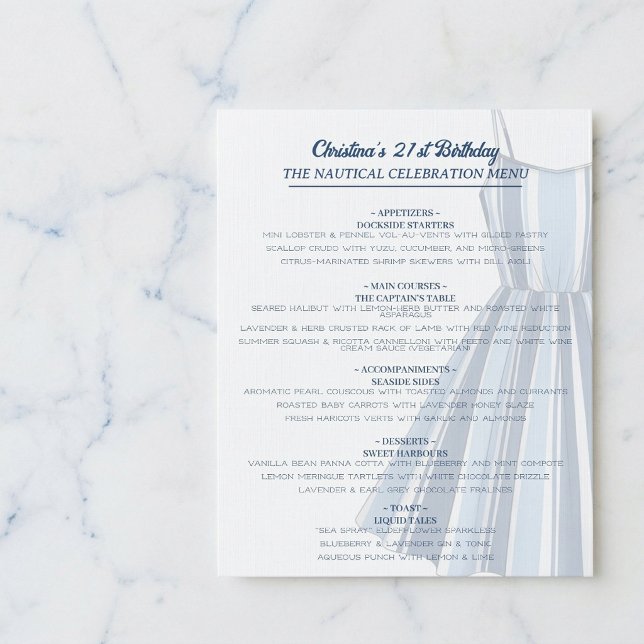 Menu de célébration d'anniversaire Rayures au bord (The ultimate coastal tablescape finish.)