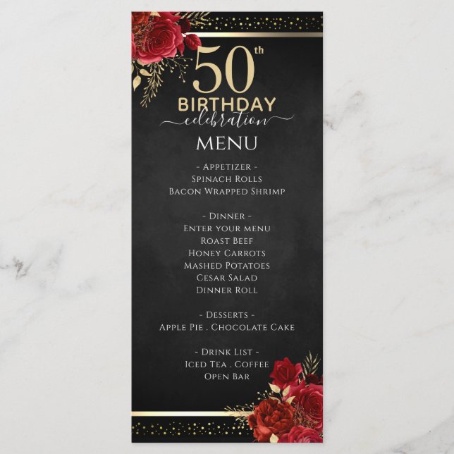 Menu de célébration des 50 ans avec des roses roug (Devant)