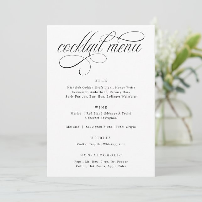 Menu de cocktail de mariage luxueux avec calligrap (Debout devant)