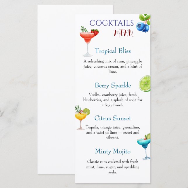 Menu de cocktails saisonniers avec fraise à l'aqua (Devant / Derrière)