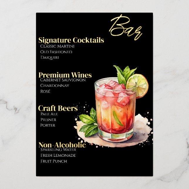 Menu de cocktails sophistiqué avec feuille d'or (Recto)