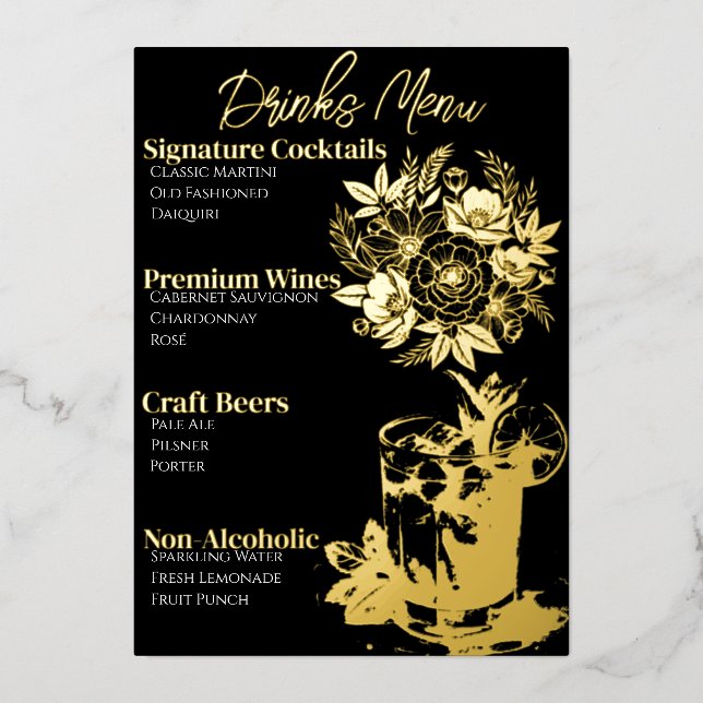 Menu de cocktails sophistiqué avec feuille d'or (Recto)
