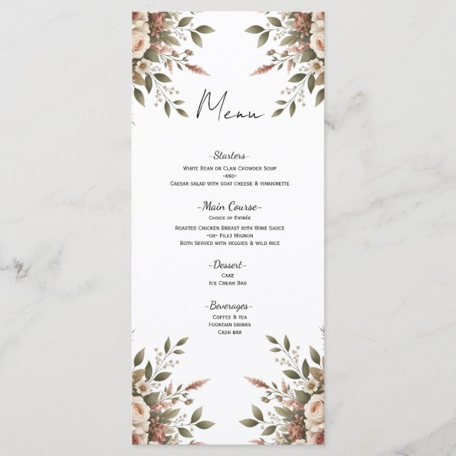 Menu de coin floral élégant vert olive et blanc (Devant)