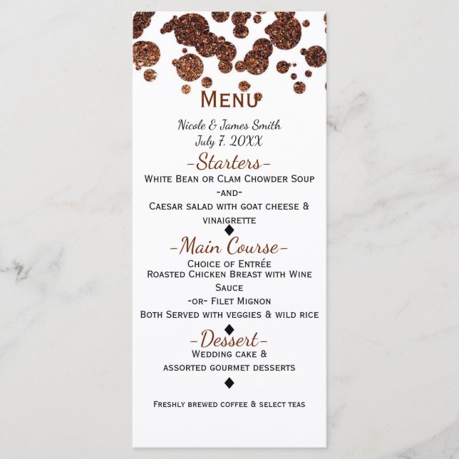 Menu de confettis de glamour moderne en bronze de  (Devant)