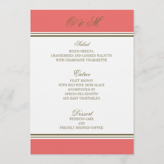 Menu de corail de mariage de rayure simple (Devant)
